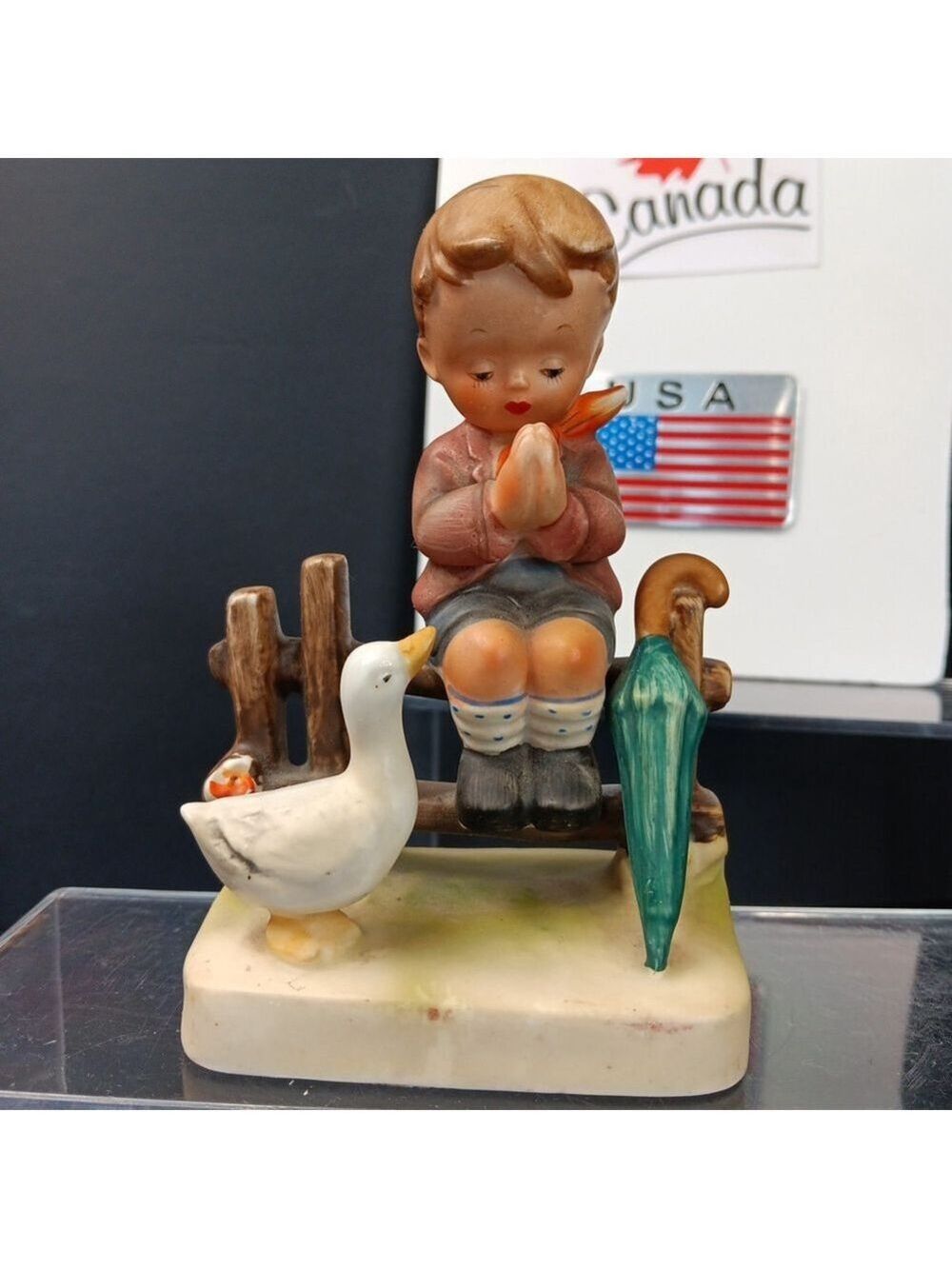 Vintage Figurine Boy Praying With Good Duck Watching On Fence JAPAN